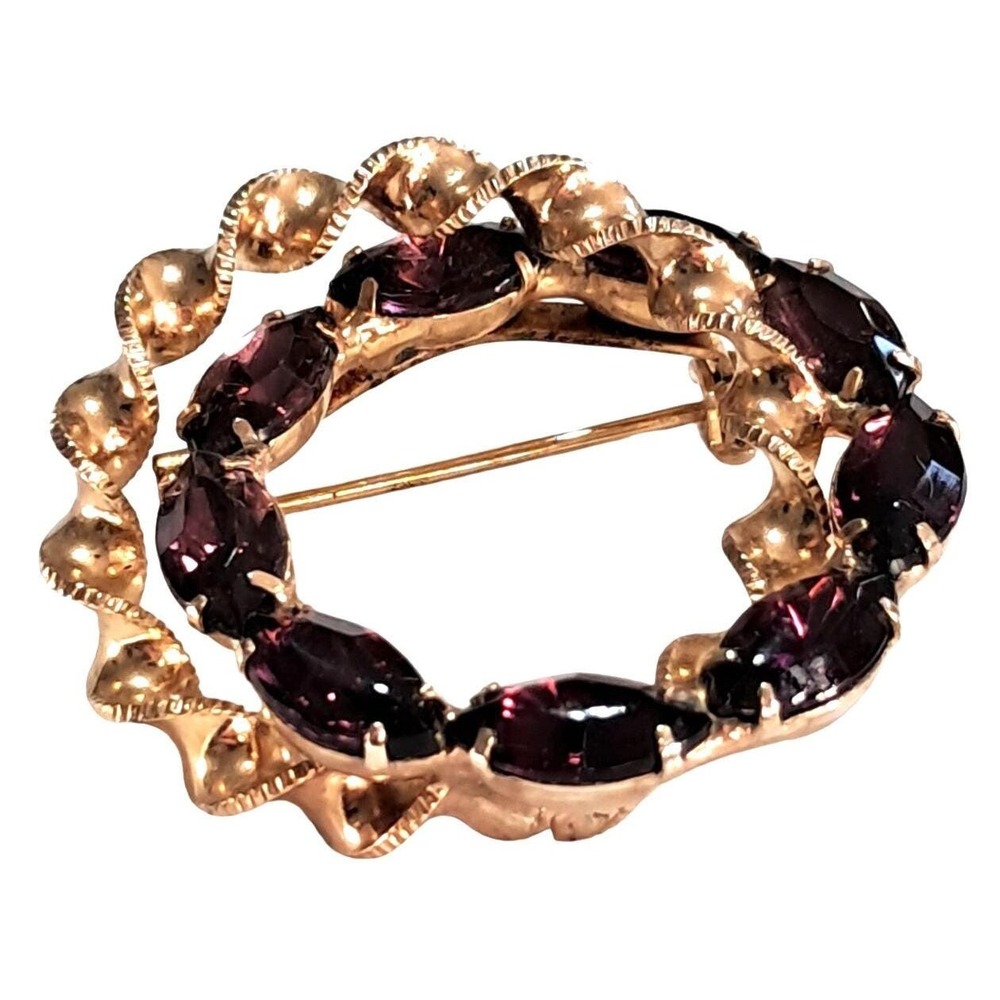 Purple Rhinestone Brooch Infinity Circle Double Wreath Gold Tone Pin Vintage Cos